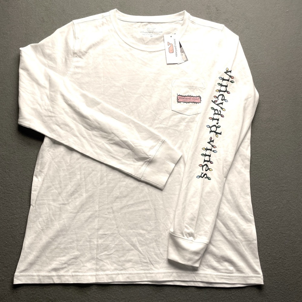 NWT Vineyard Vines Christmas Lights Long Sleeve T Shirt White Pocket Tee Size M